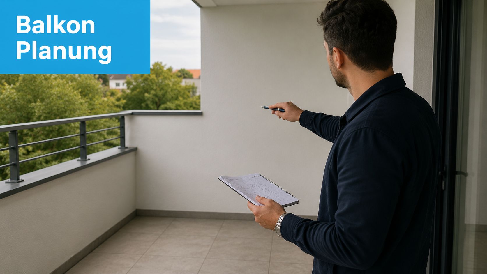 Lounge Möbel Balkon: Ihre Wohlfühloase 2026 3 Ein Mann plant auf einem leeren Balkon mit einem Notizbuch und zeigt mit einem Stift auf die Wand.