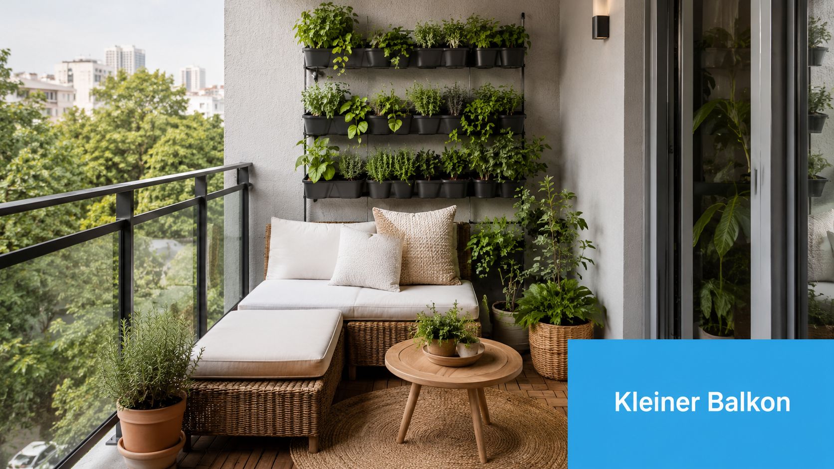 Lounge Möbel Balkon: Ihre Wohlfühloase 2026 5 Ein gemütlicher Balkon mit Rattan-Lounge-Möbeln, vertikalen Pflanzenwänden und einem kleinen Holztisch in einer modernen städtischen Umgebung.