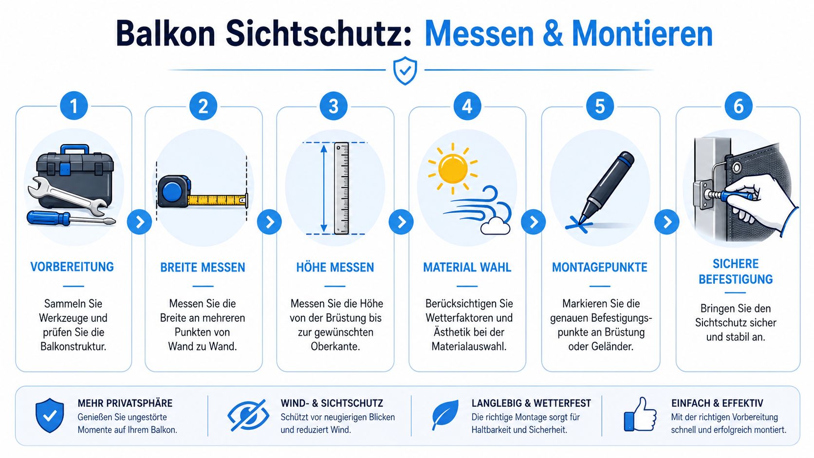 Sichtschutzmatte Balkon: Ihr Ratgeber 2026 5 Eine Infografik mit sechs Schritten zum korrekten Messen und Montieren eines Sichtschutzes für den Balkon.