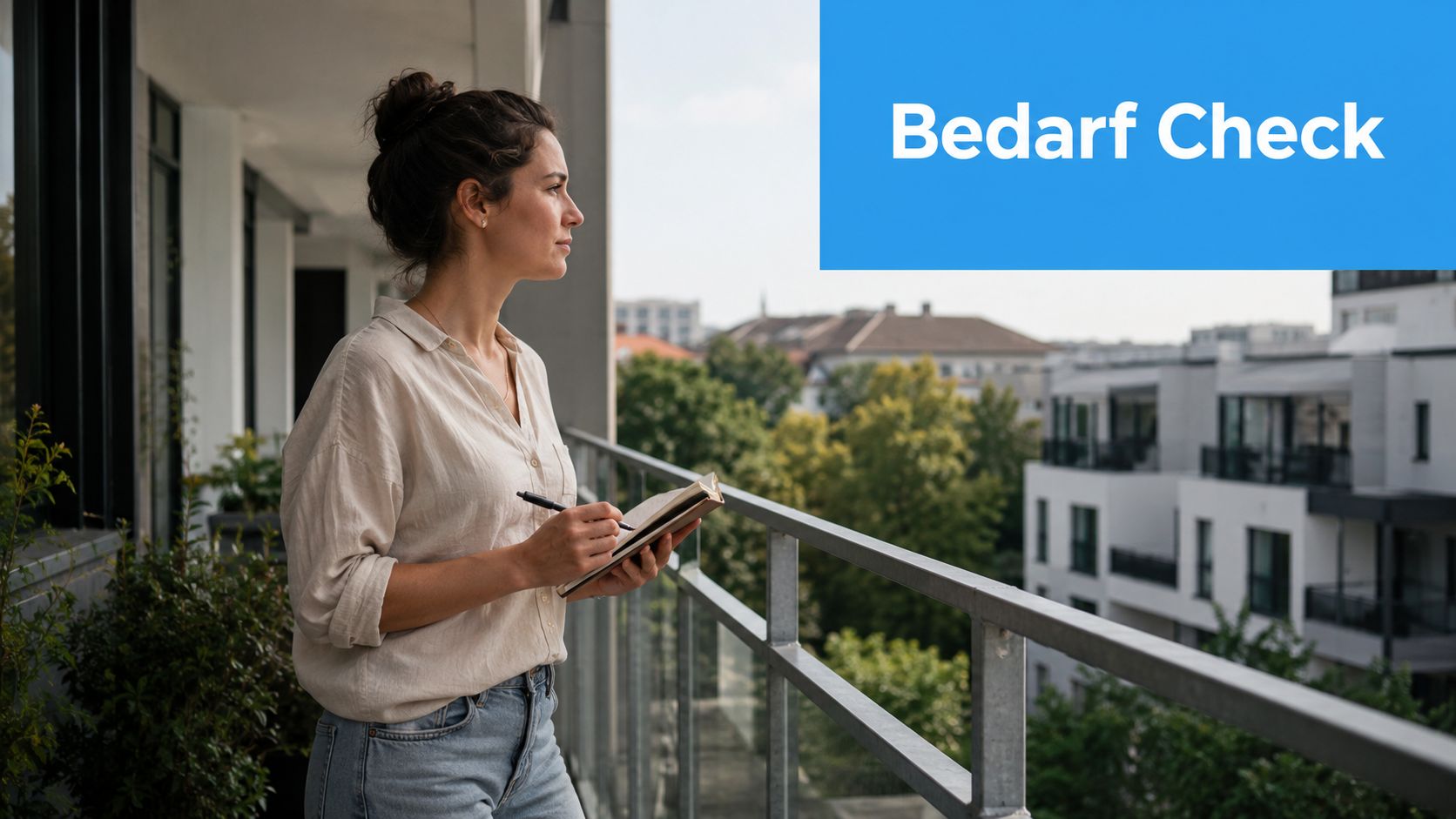Sichtschutzmatte Balkon: Ihr Ratgeber 2026 4 Eine junge Frau steht auf einem Balkon, hält ein Notizbuch und blickt nachdenklich über die umliegenden Gebäude.
