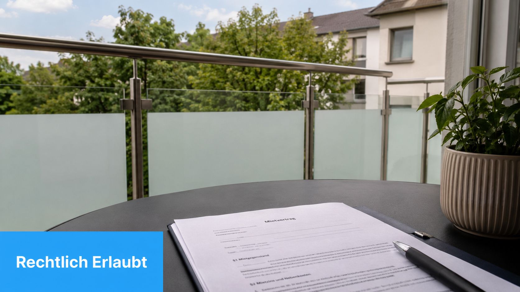 Sichtschutzmatte Balkon: Ihr Ratgeber 2026 9 Ein Mietvertrag liegt mit einem Stift auf einem Tisch vor einem Balkon mit Sichtschutz bei Tageslicht.
