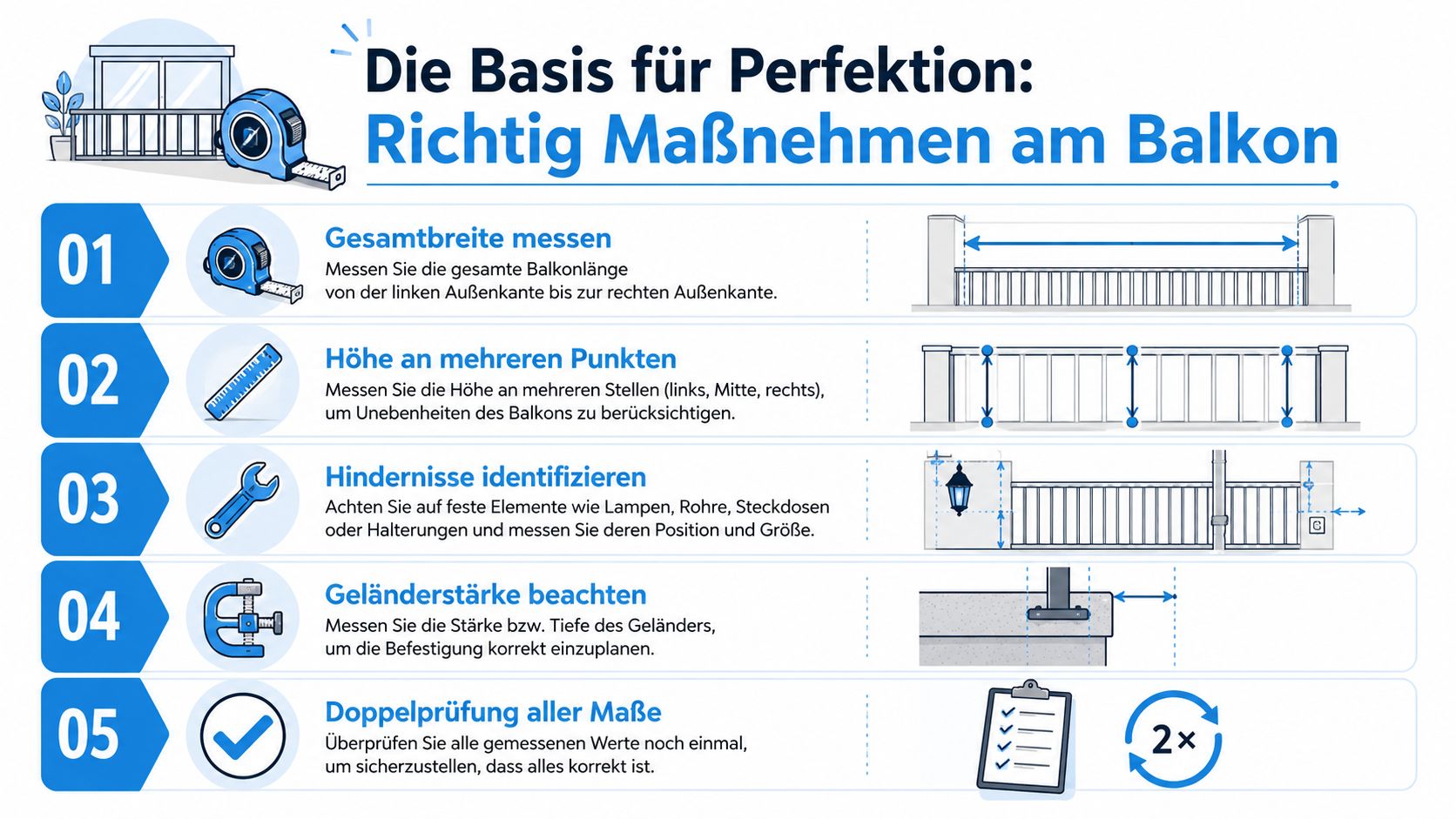 Sichtschutz Konfigurator: Ihr Weg zur Maßanfertigung 4 Infografik mit fünf Schritten zur korrekten Vermessung eines Balkons für die Anbringung von Sichtschutz oder Geländern.