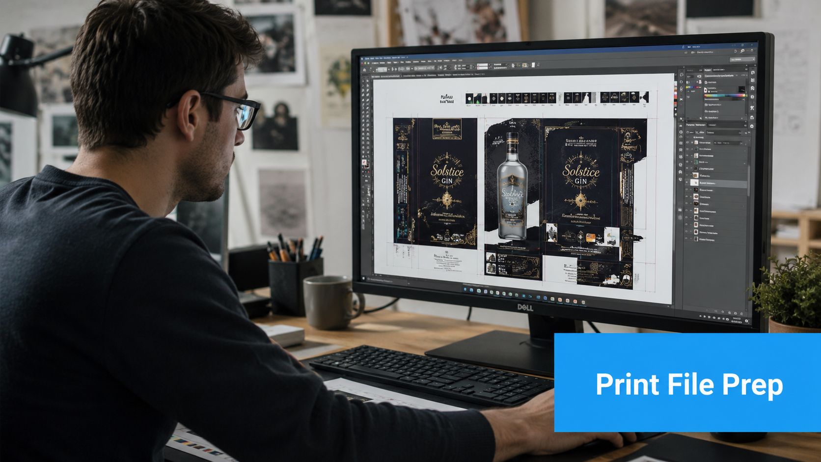 Sichtschutz Konfigurator: Ihr Weg zur Maßanfertigung 6 Ein Grafikdesigner arbeitet an einem Computer an einem professionellen Etikettendesign für eine Gin-Flasche im Büro.