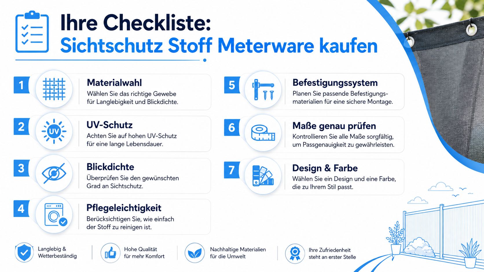 Sichtschutz Stoff Meterware: Perfekt für Balkon & Garten 10 Eine Checkliste für den Kauf von Sichtschutz Stoff als Meterware mit sieben hilfreichen Tipps für die Auswahl.