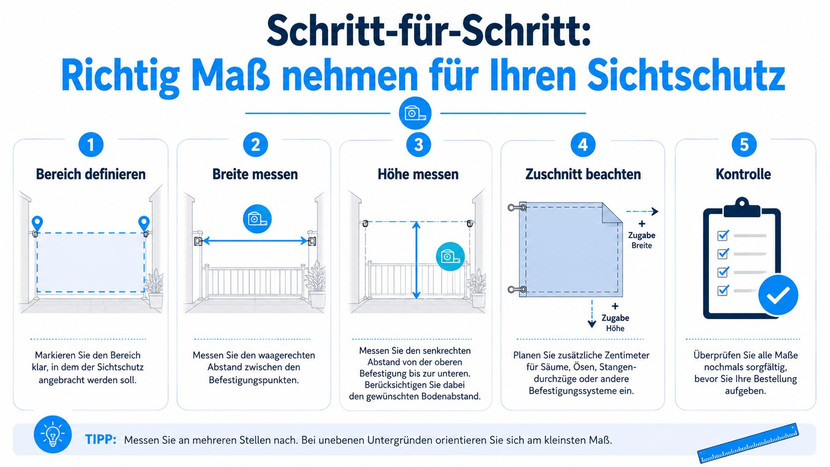 Sichtschutz Stoff Meterware: Perfekt für Balkon & Garten 8 Infografik mit fünf Schritten zum korrekten Ausmessen für die Montage eines Sichtschutzes an Balkongeländern oder Terrassen.