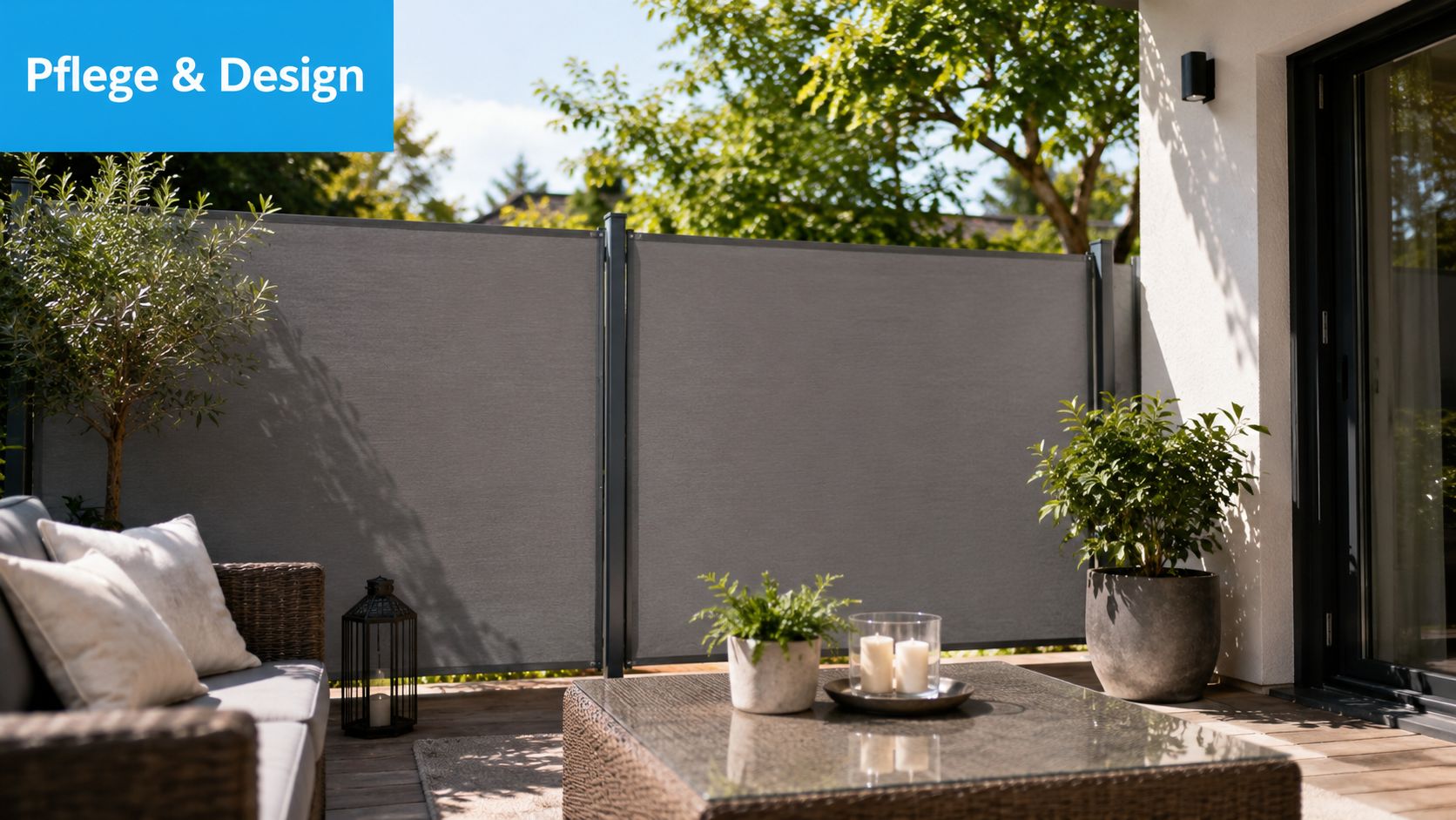 Sichtschutz Stoff Meterware: Perfekt für Balkon & Garten 9 Ein moderner, grauer Sichtschutz aus Stoff auf einer sonnigen Terrasse mit bequemen Gartenmöbeln und grünen Pflanzen.