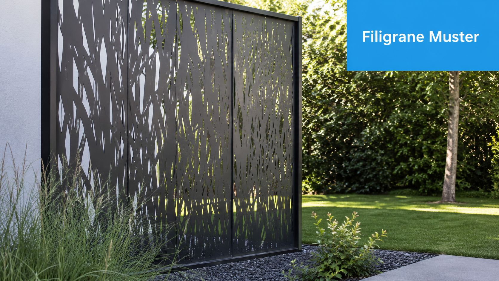 Sichtschutz im Garten aus Metall: Ratgeber 2026 6 Ein moderner Sichtschutz aus dunklem Metall mit filigranem Muster im Garten vor grünen Bäumen und Rasen.