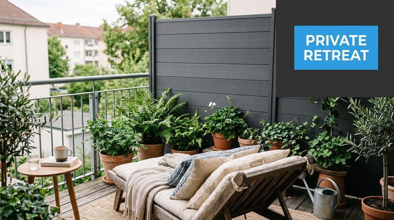 Sichtschutzmatten für Balkon: Ihr Guide 2026 4 Ein gemütlicher Balkon mit Sichtschutz, Liegestuhl, Pflanzen und einem kleinen Beistelltisch in einer entspannten Atmosphäre.