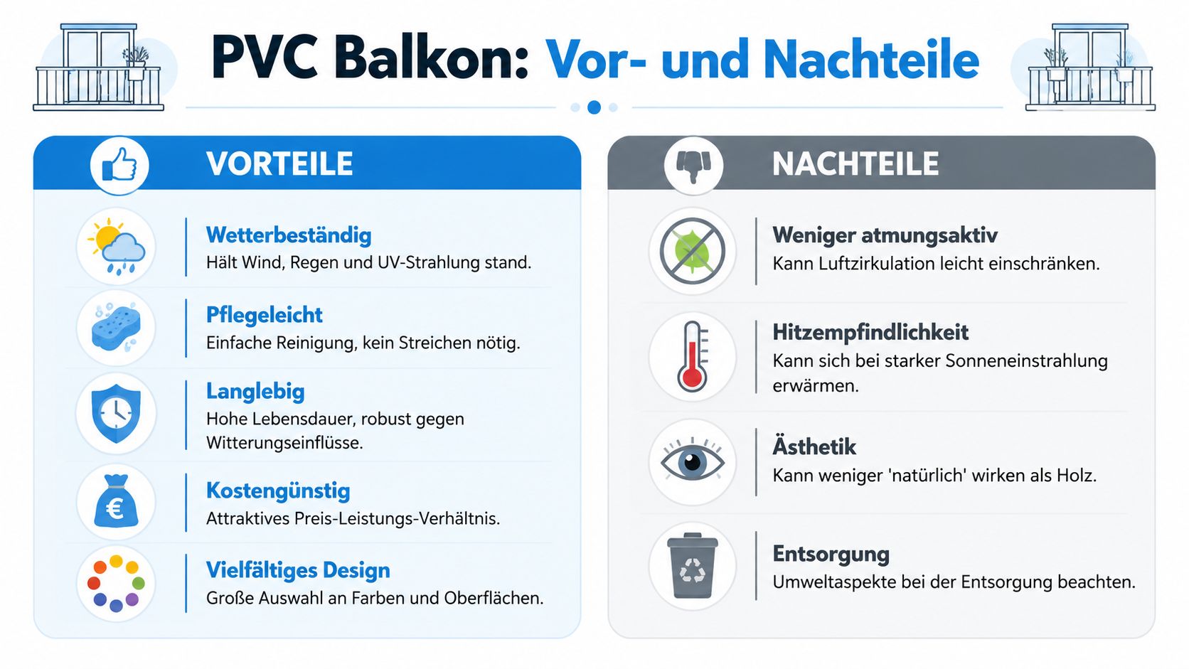 Balkonverkleidung PVC: Ratgeber für Montage & Gestaltung 5 Eine Übersichtsgrafik über die Vor- und Nachteile von PVC-Balkonverkleidungen mit hilfreichen Symbolen und kurzen Erklärungen.