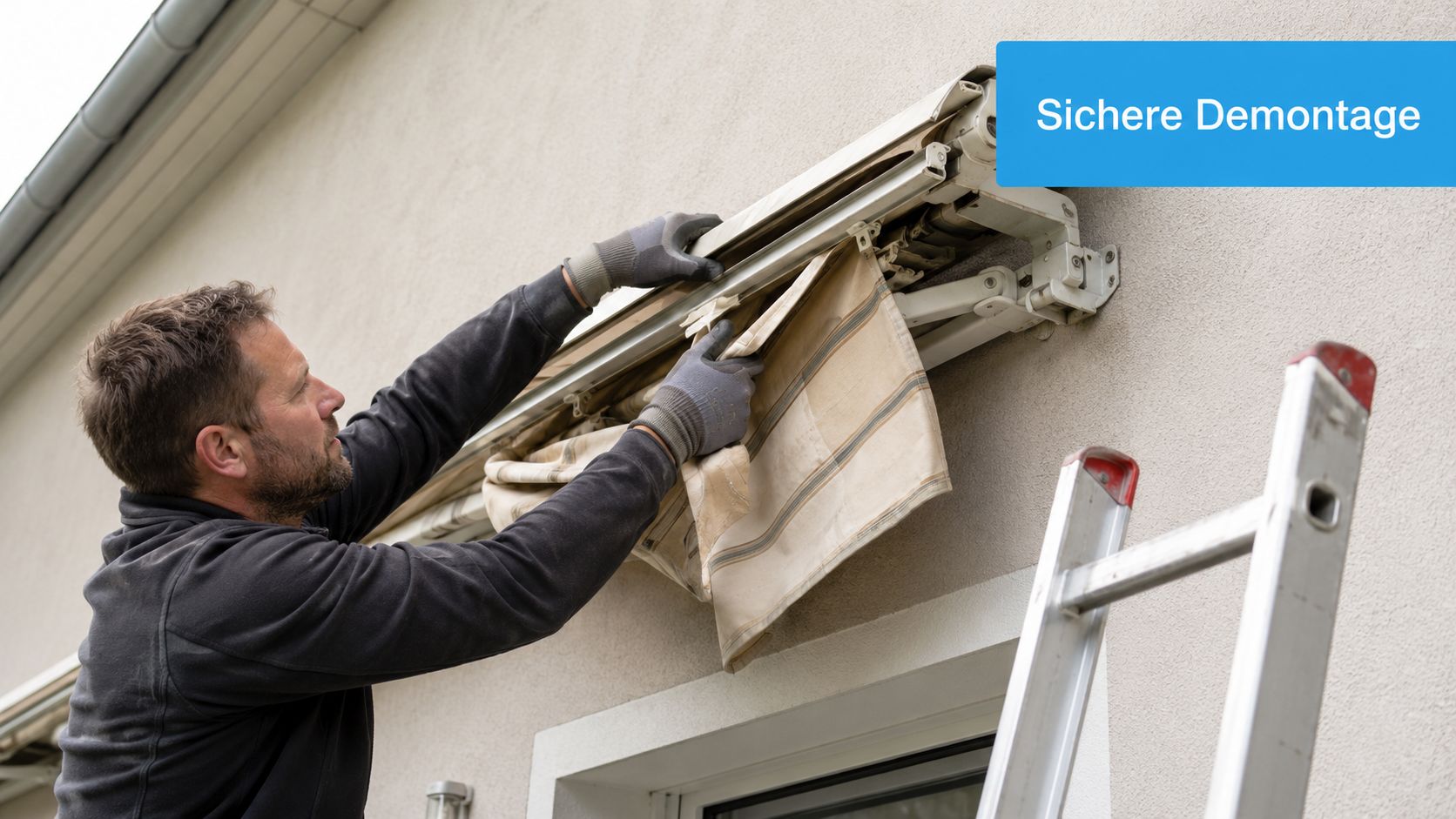 Markise Stoff tauschen: Einfache Anleitung 2026 für Ihr 7 Ein Handwerker demontiert vorsichtig eine Markise von der Hausfassade unter Verwendung einer Leiter für den Stoffwechsel.