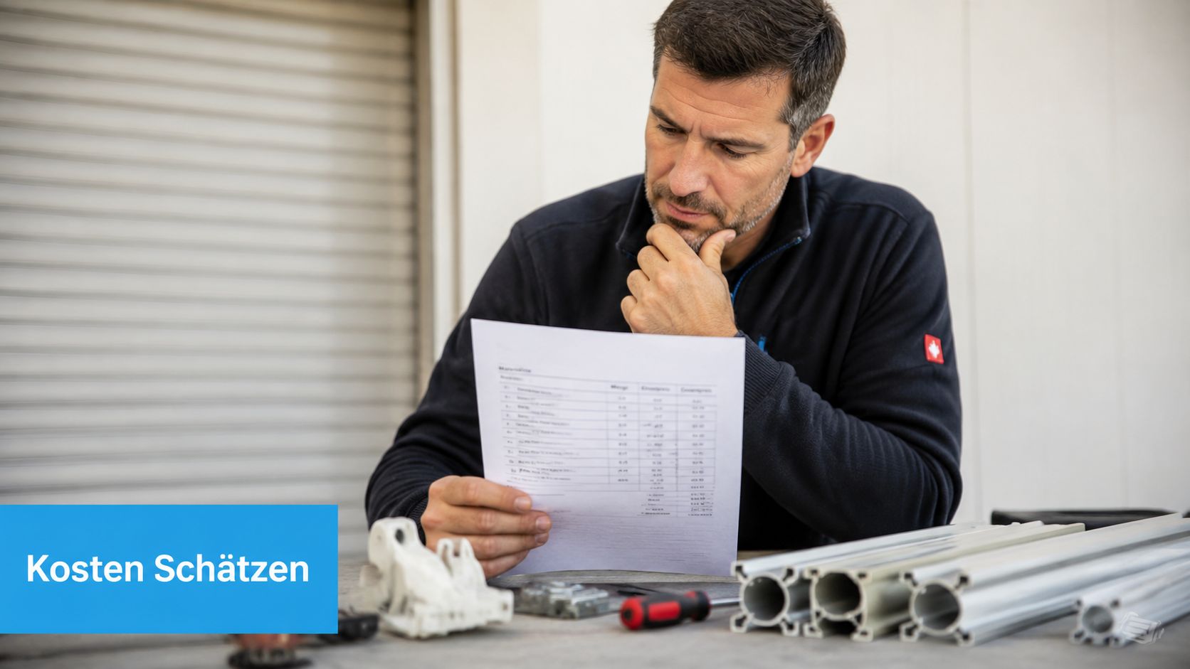 Markise Stoff tauschen: Einfache Anleitung 2026 für Ihr 9 Ein Handwerker prüft konzentriert einen Kostenvoranschlag für eine Reparatur an einem Tisch mit Werkzeugen und Aluminiumprofilen.