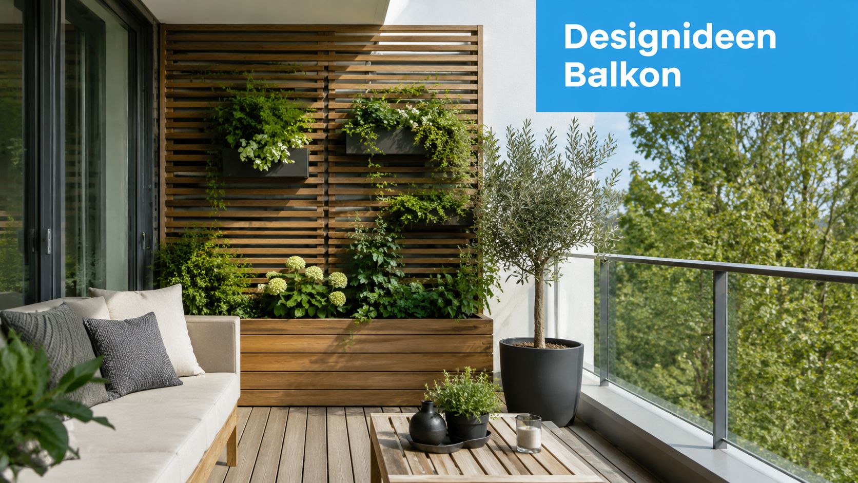 Sichtschutz Balkon seitlich: Perfekte Lösungen für 2026 6 Ein moderner Balkon mit stilvollem Holz-Sichtschutz, bepflanzten Blumenkästen, gemütlichem Sofa und einem eleganten Olivenbaum im Topf.