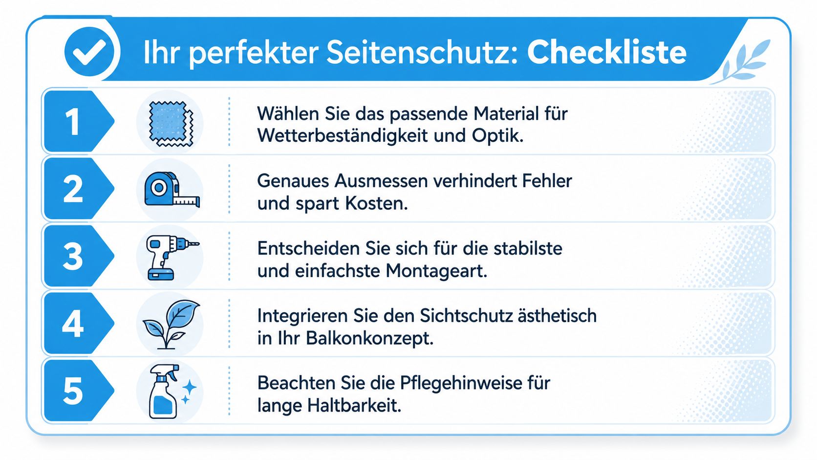 Sichtschutz Balkon seitlich: Perfekte Lösungen für 2026 10 Eine nummerierte Checkliste mit fünf Schritten für die optimale Planung und Montage eines seitlichen Sichtschutzes auf dem Balkon.