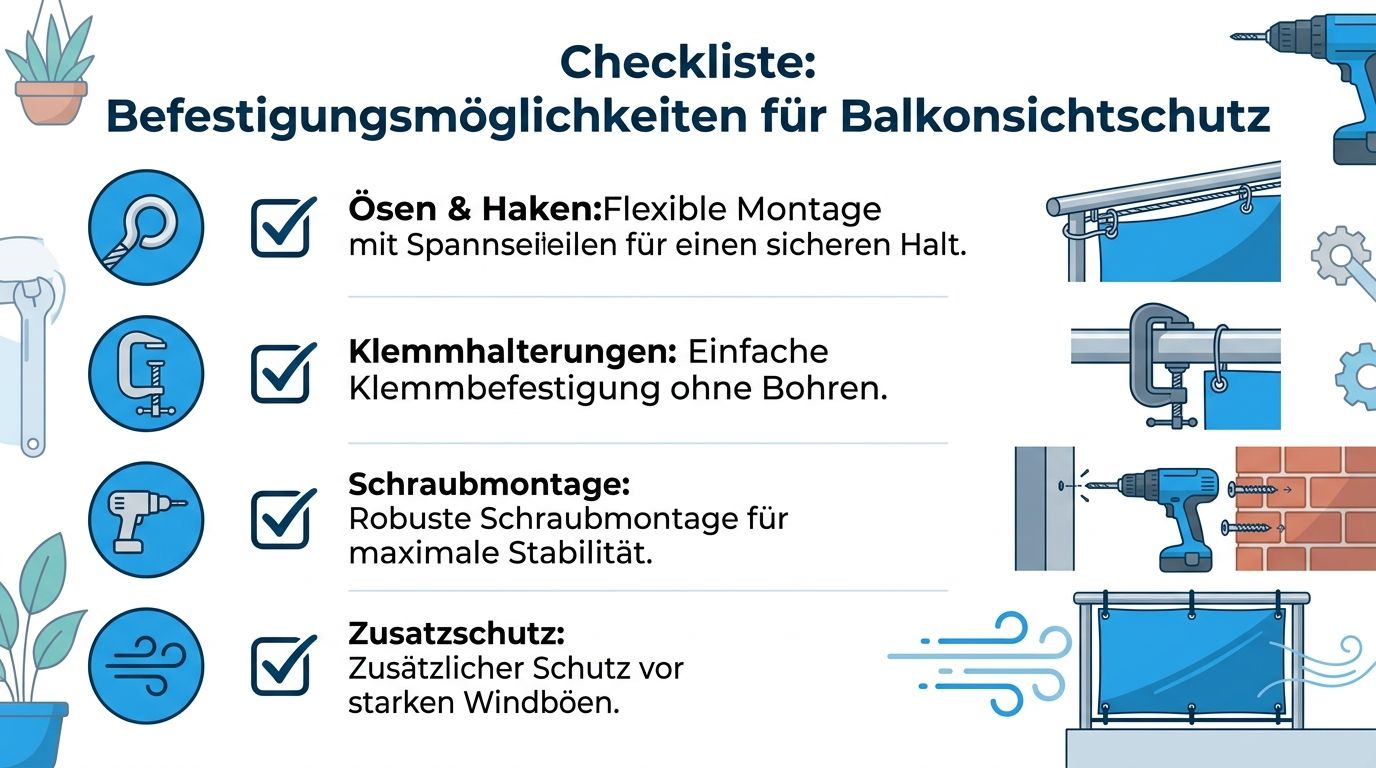 Sichtschutz Balkon seitlich: Perfekte Lösungen für 2026 5 Eine Checkliste zeigt vier Befestigungsmöglichkeiten für einen Balkonsichtschutz, darunter Ösen, Klemmhalterungen, Schraubmontage und zusätzlichen Schutz gegen Windböen.