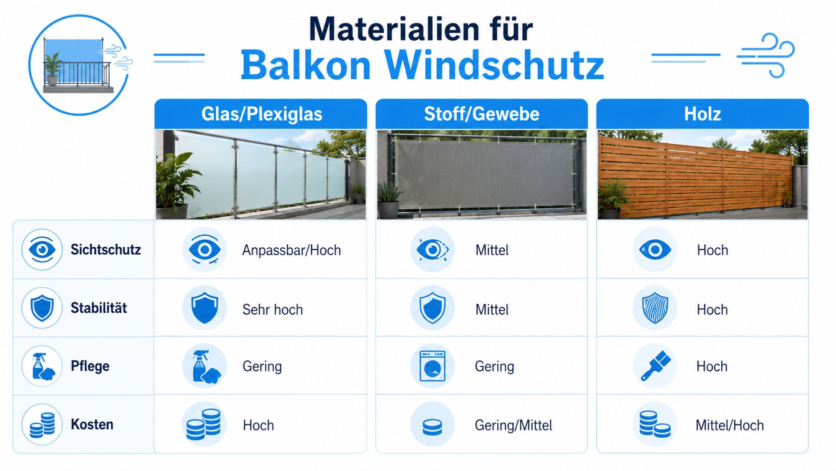 Balkon Windschutz seitlich: Der komplette Ratgeber 2026 4 Vergleichstabelle verschiedener Materialien für den Balkon-Windschutz mit Kategorien wie Sichtschutz, Stabilität, Pflegeaufwand und anfallenden Kosten.