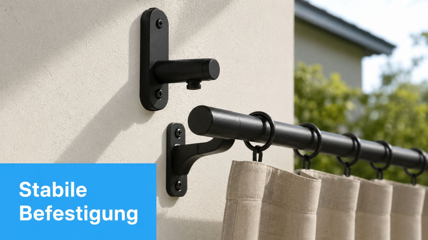 Outdoor Vorhang wasserdicht mit Ösen: Der komplette Guide 5 Stabile schwarze Halterung zur Montage eines wetterfesten Outdoor-Vorhangs mit Ösen an einer hellen Fassade.