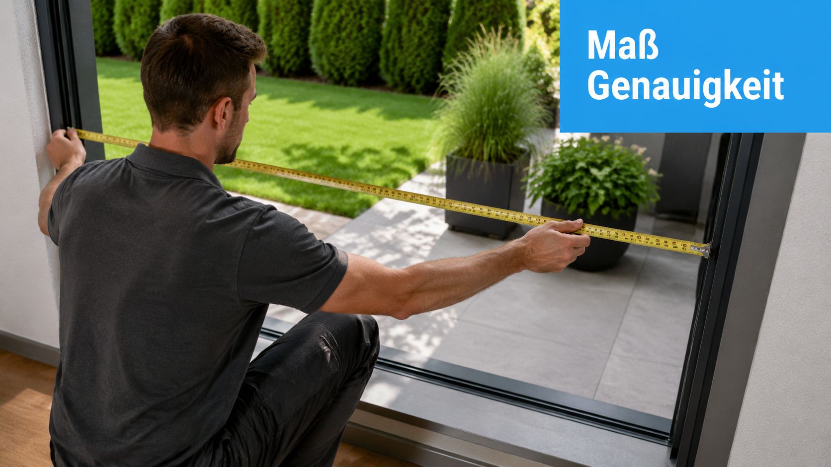 Outdoor Vorhang wasserdicht mit Ösen: Der komplette Guide 4 Ein Handwerker misst mit einem Maßband die Breite eines Terrassentürrahmens für eine maßgenaue Anfertigung aus.