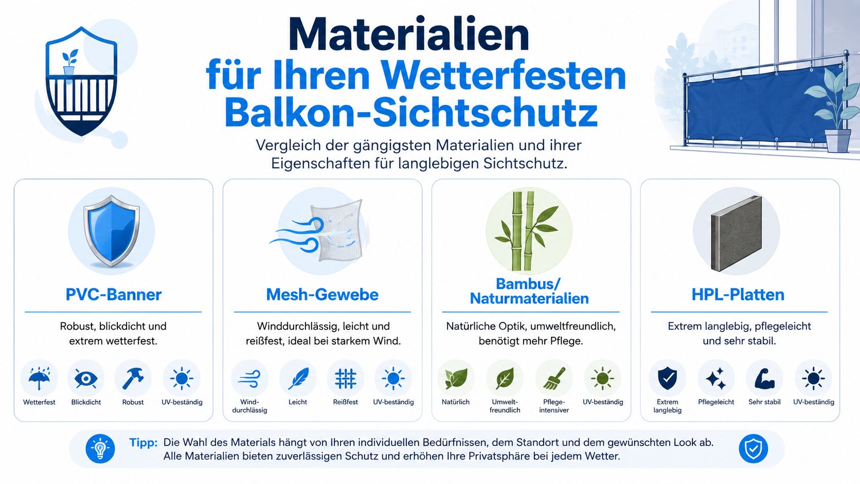 Sichtschutz Balkon wetterfest: Ihr Guide für 2026 6 Übersicht verschiedener Materialien für einen wetterfesten Balkon-Sichtschutz mit Vergleich ihrer Eigenschaften und Vorteile.