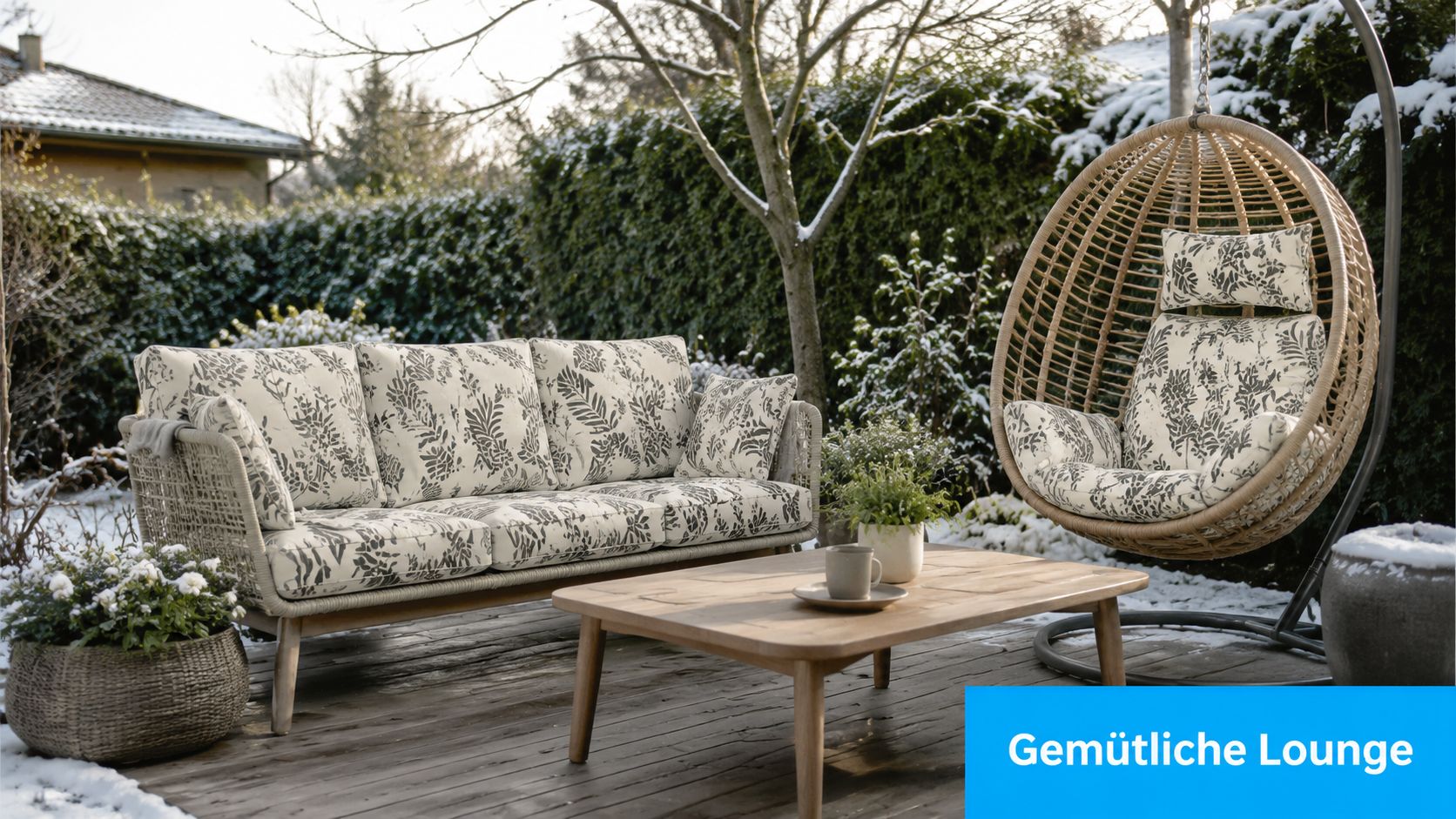 10 Wintergarten einrichten Ideen: Ihr Guide für 2026 5 Ein gemütliches Set aus Gartensofa und Hängesessel auf einer verschneiten Terrasse im Winter.