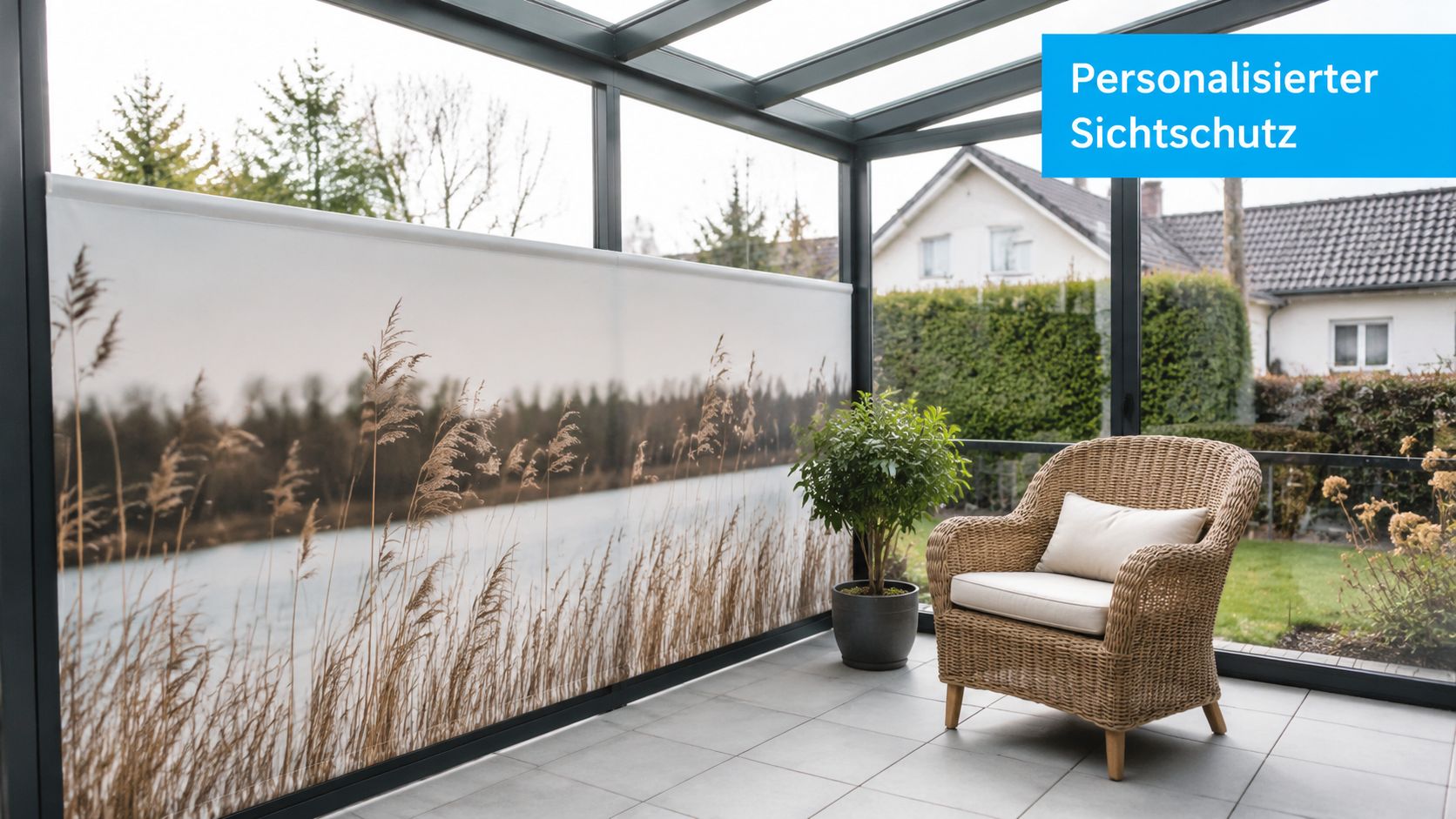 10 Wintergarten einrichten Ideen: Ihr Guide für 2026 3 Ein moderner Wintergarten mit einem bedruckten Sichtschutzrollo und einem gemütlichen Korbsessel auf gefliestem Boden.