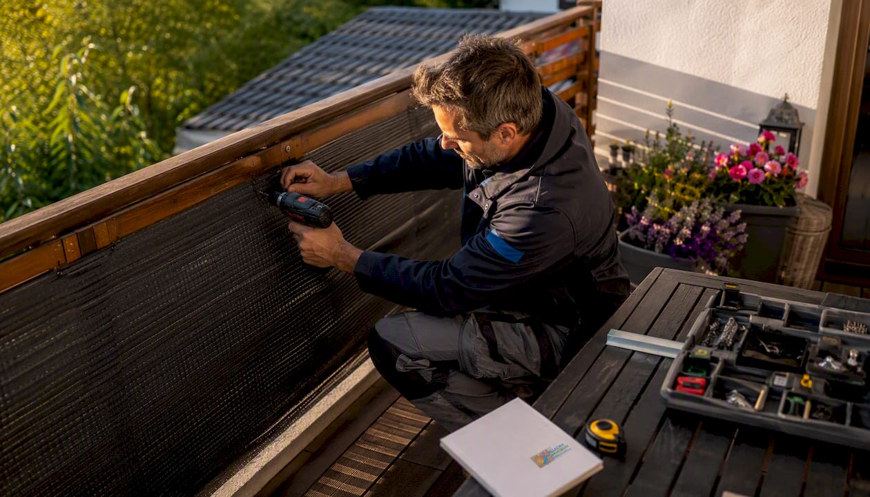 Alternativen zu kahrs-gmbh.de: Sichtschutz für Balkon & Terrasse 4 Ein Mann bringt einen Sichtschutz am Balkon an.