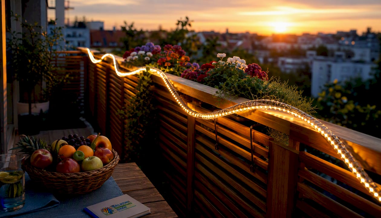 Funktion von Lichterketten am Balkon: Sicher und stilvoll 6 Stimmungsvolle Lichterkette am Balkongeländer im warmen Licht des Sonnenuntergangs
