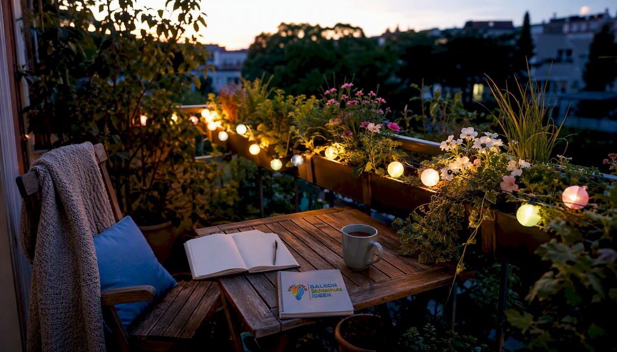 Funktion von Lichterketten am Balkon: Sicher und stilvoll 7 Stimmungsvoller Balkon am Abend, geschmückt mit Lichterkette und üppigen Pflanzen.