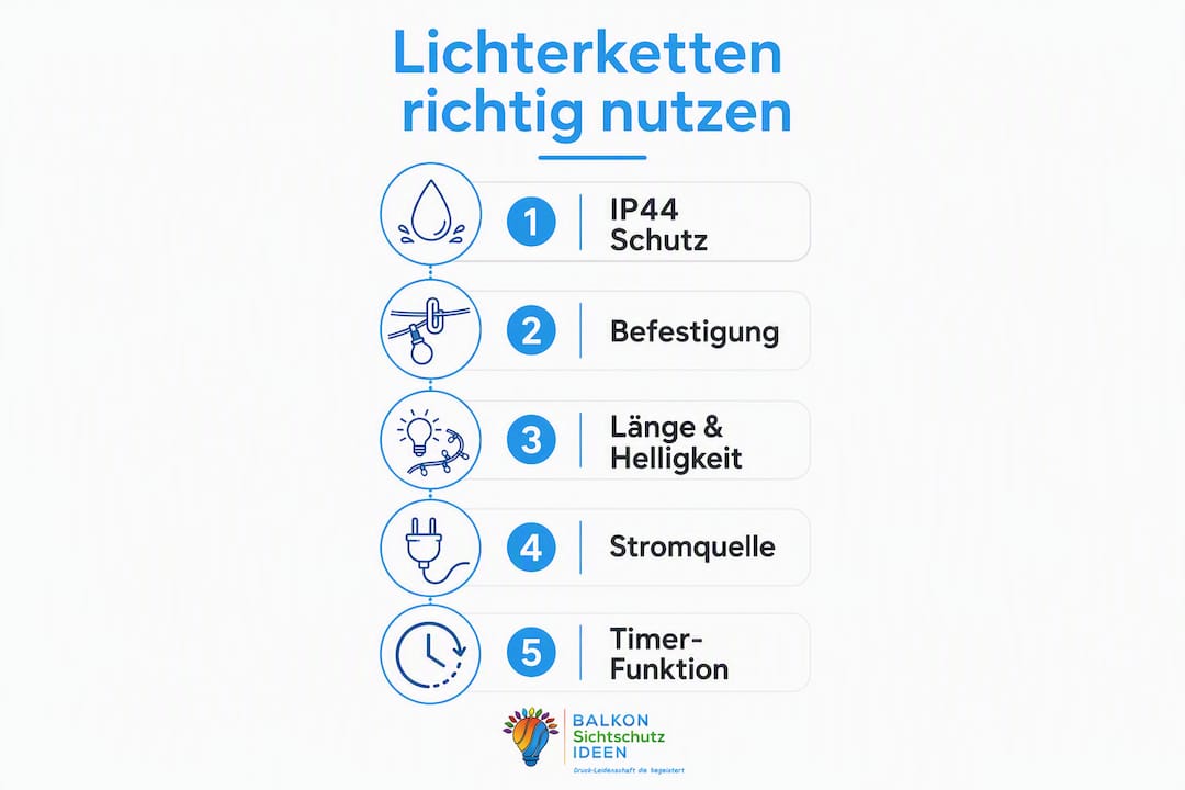 Funktion von Lichterketten am Balkon: Sicher und stilvoll 8 Die Infografik zeigt, worauf Sie achten sollten, damit Ihre Lichterketten auf dem Balkon sicher verwendet werden können.