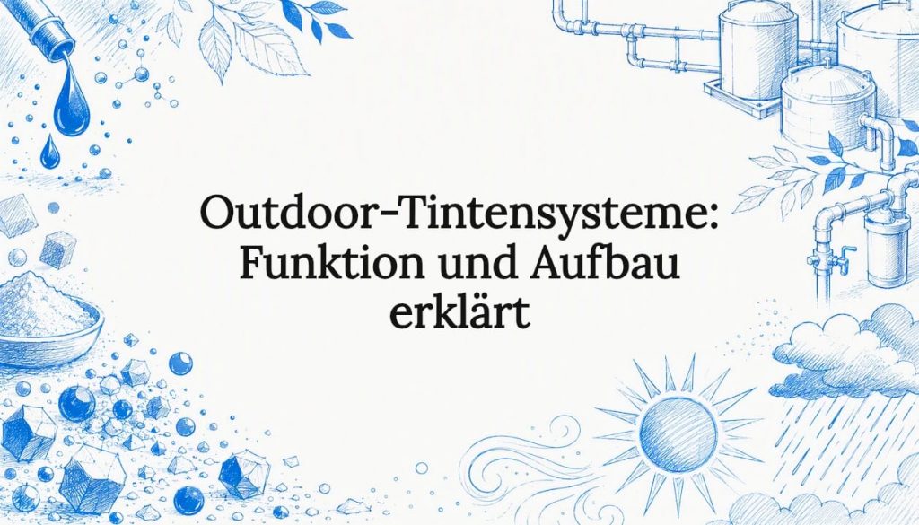 Stimmungsvolle Titelgrafik mit einer Illustration von Outdoor-Tintensystemen