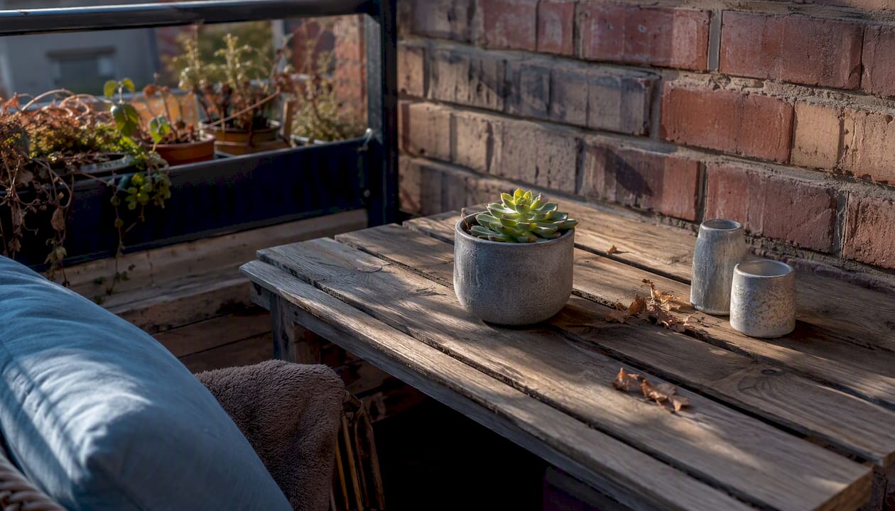 Skandinavische Outdoor-Deko: So gelingt der nordische Look 4 Ein Balkon im skandinavischen Stil, der mit einer Kombination aus Holz, Stein und Metall gestaltet ist, schafft eine gemütliche und moderne Atmosphäre. Die natürlichen Materialien sorgen für ein harmonisches Gesamtbild und laden zum Entspannen ein.