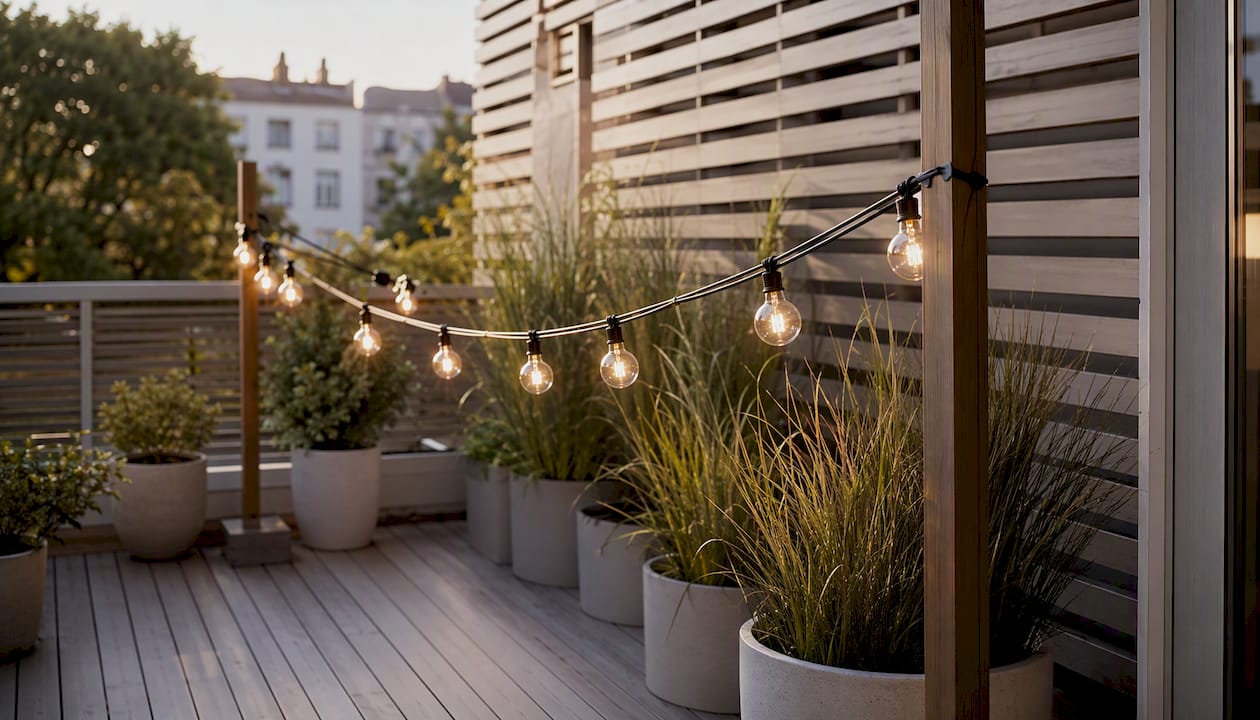 Skandinavische Outdoor-Deko: So gelingt der nordische Look 6 Locker aufgehängte, warm leuchtende Lichterketten sorgen auf dem Balkon für eine gemütliche Atmosphäre.
