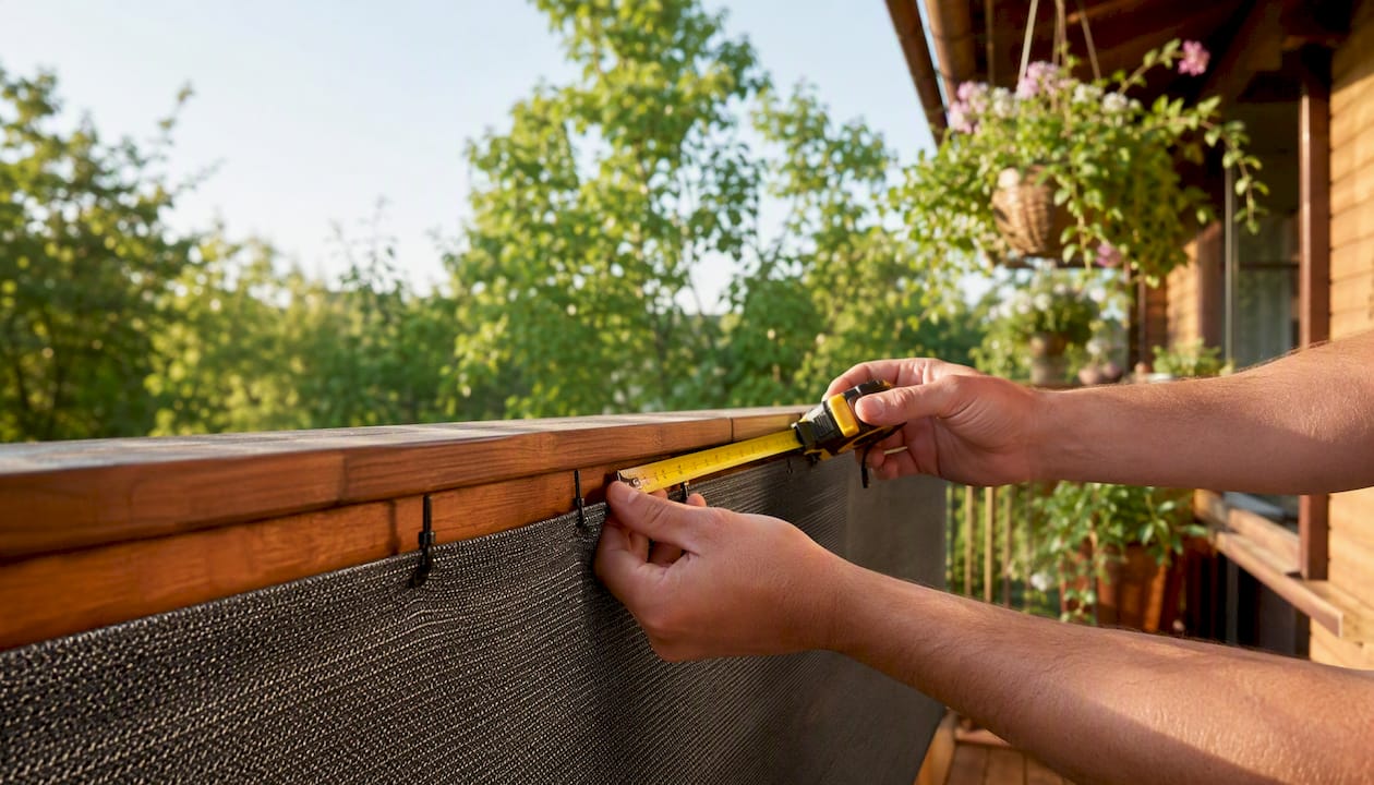 Hitzebeständiger Sichtschutz für den Balkon: Material & Montage 9 Jemand nimmt Maß am Balkongeländer, um einen Sichtschutz anzubringen.