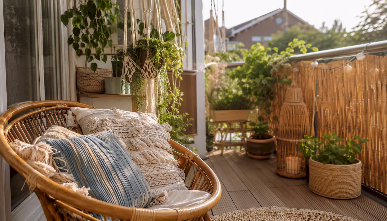 Boho-Stil Balkon gestalten: gemütlich & naturnah 4 Strukturen und natürliche Materialien sorgen auf dem Boho-Balkon für ein gemütliches Ambiente.