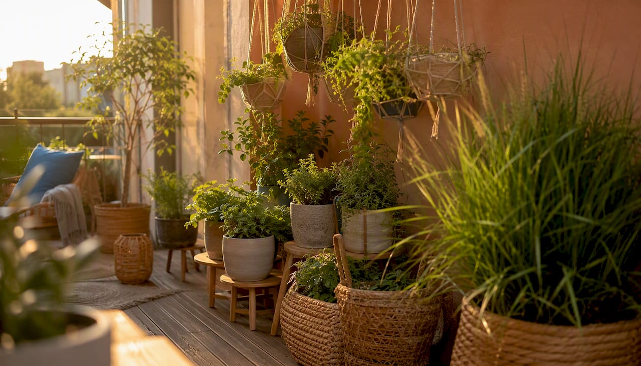 Boho-Stil Balkon gestalten: gemütlich & naturnah 8 Pflanzen in verschiedenen Höhen für den perfekten Boho-Balkon arrangiert