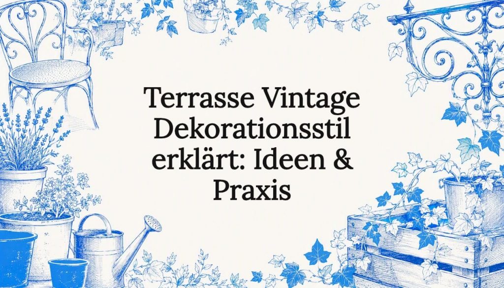 Terrasse Vintage Dekorationsstil erklärt: Ideen & Praxis 2 Stilvolle Titelkarte im nostalgischen Terrassen-Design – liebevoll illustriert im Vintage-Look