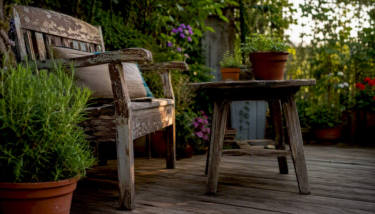 Terrasse Vintage Dekorationsstil erklärt: Ideen & Praxis 4 Eine nostalgische Eisenbank trifft auf einen alten, vom Wetter gezeichneten Holztisch.