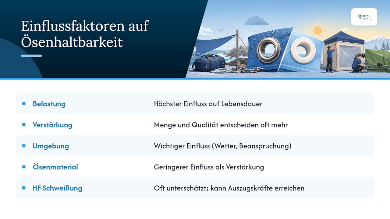 Metallösen vs. Kunststoffösen: Was für Ihr Projekt passt 3 Diagramm zur Haltbarkeit von Ösen und deren Einflussfaktoren