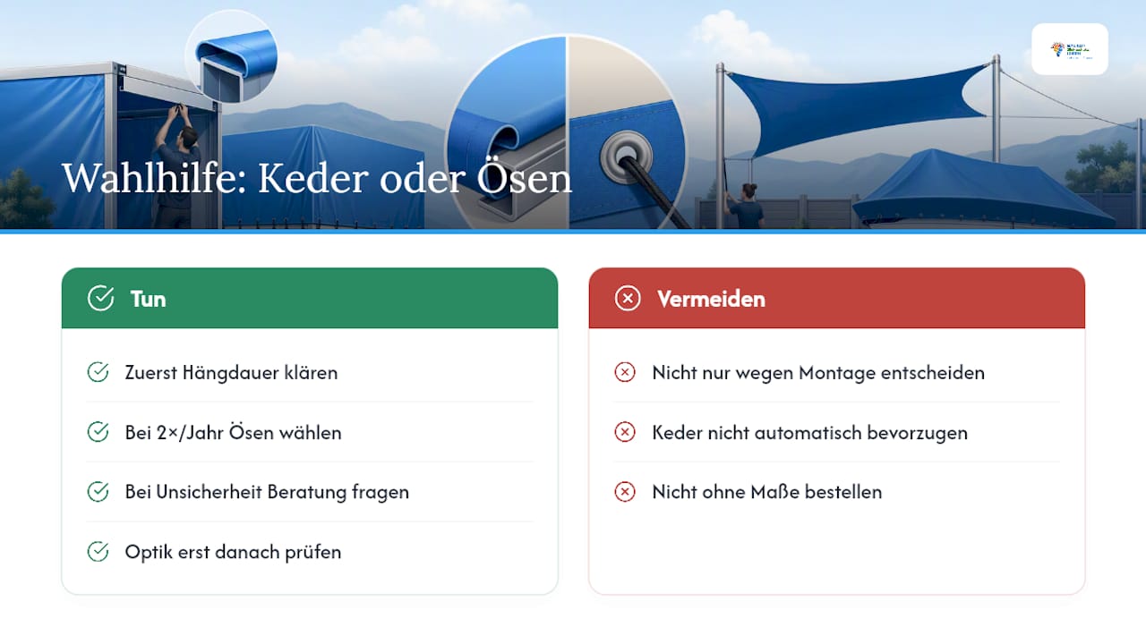 Keder vs Ösen: Welches System passt zu Ihrer Plane? 4 Was Patrick zur Wahl zwischen Keder und Ösen sagt — overview diagram