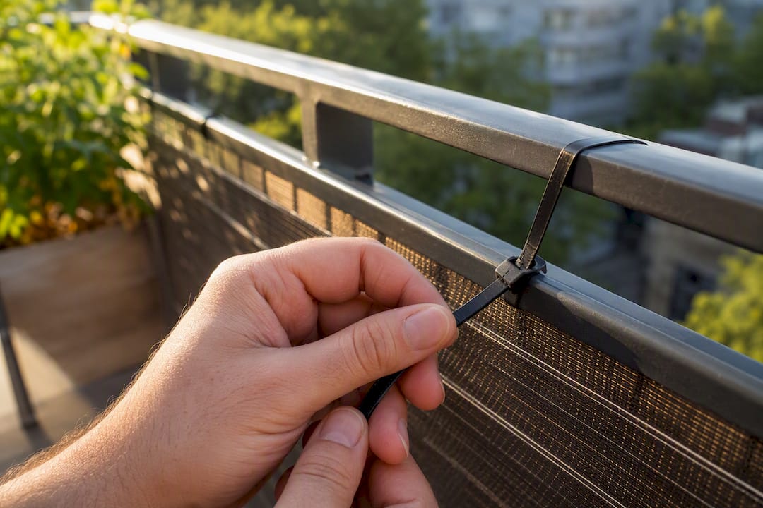 25 cm Abstand: Ohne Bohren sturmfesten Sichtschutz am Balkon für Mieter 4 Hände prüfen Kabelbinder auf Abnutzung