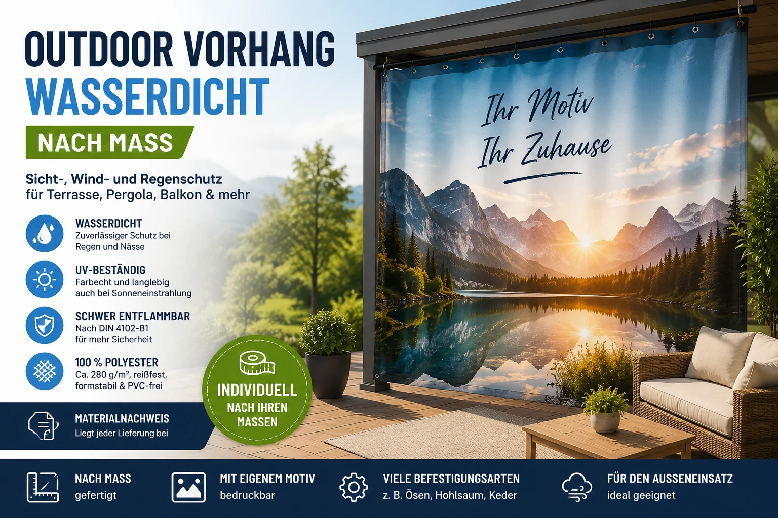 Outdoor Vorhang wasserdicht nach Maß 1 Wasserdichter Outdoor Vorhang nach Maß aus 280 g/m² Polyester mit Bergsee-Motiv für Terrasse, Pergola und Balkon