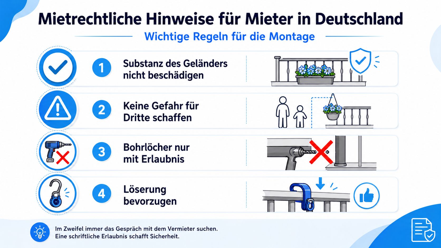 Balkon Sichtschutz 6m x 90 cm: Anleitung für Maßanfertigung 9 Eine Infografik mit vier Regeln für Mieter zur sicheren Montage von Balkonzubehör ohne Sachbeschädigung oder Gefährdung.