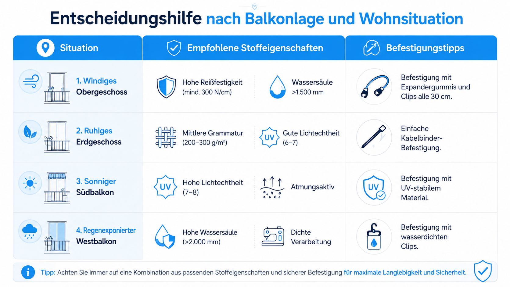 Balkon Sichtschutz Stoff: Materialien und Montage im 9 Eine Tabelle, die bei der Auswahl des passenden Balkon-Sichtschutzes basierend auf Wetterbedingungen und Wohnsituation hilft.