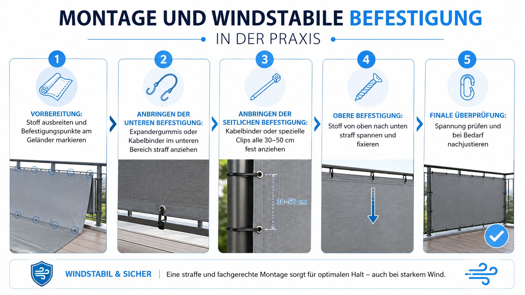 Balkon Sichtschutz Stoff: Materialien und Montage im 8 Eine Anleitung in fünf Schritten zur fachgerechten und windstabilen Montage eines Balkon-Sichtschutzes aus Stoff am Geländer.