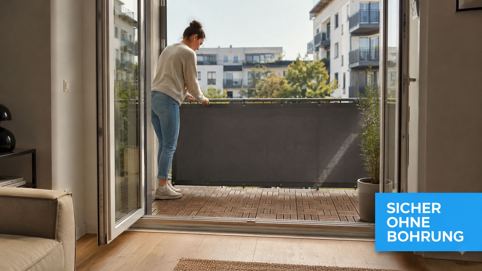 Balkon Sichtschutz ohne Bohren – so gelingt die Montage 3 Eine junge Frau befestigt einen dunkelgrauen Balkon-Sichtschutz ohne Bohren an einem Balkongeländer mit Holzfliesen im Freien.