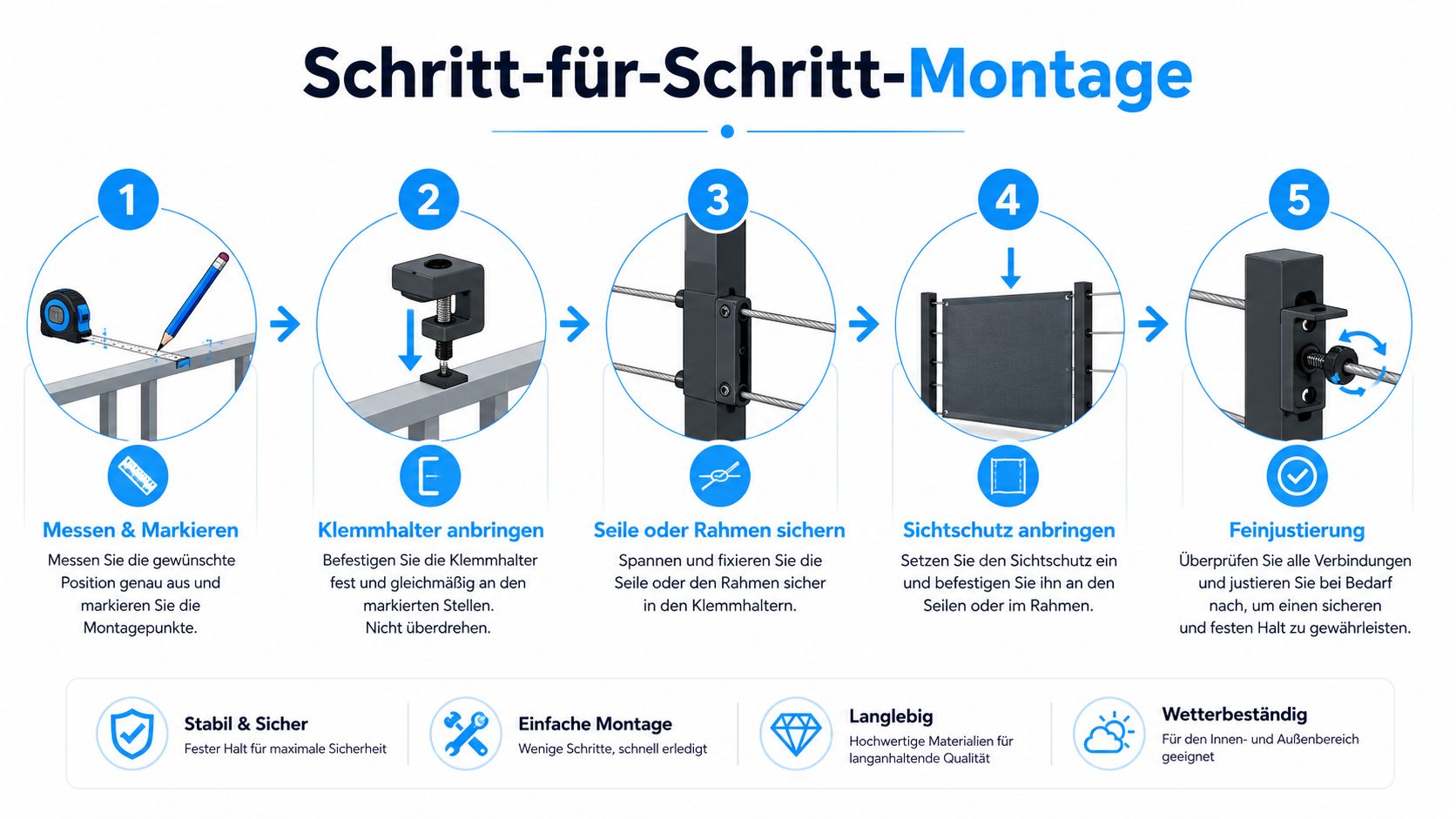 Balkon Sichtschutz ohne Bohren – so gelingt die Montage 9 Eine Schritt-für-Schritt-Anleitung zur Montage eines Balkonsichtschutzes ohne Bohren mit fünf einfachen Installationsschritten.