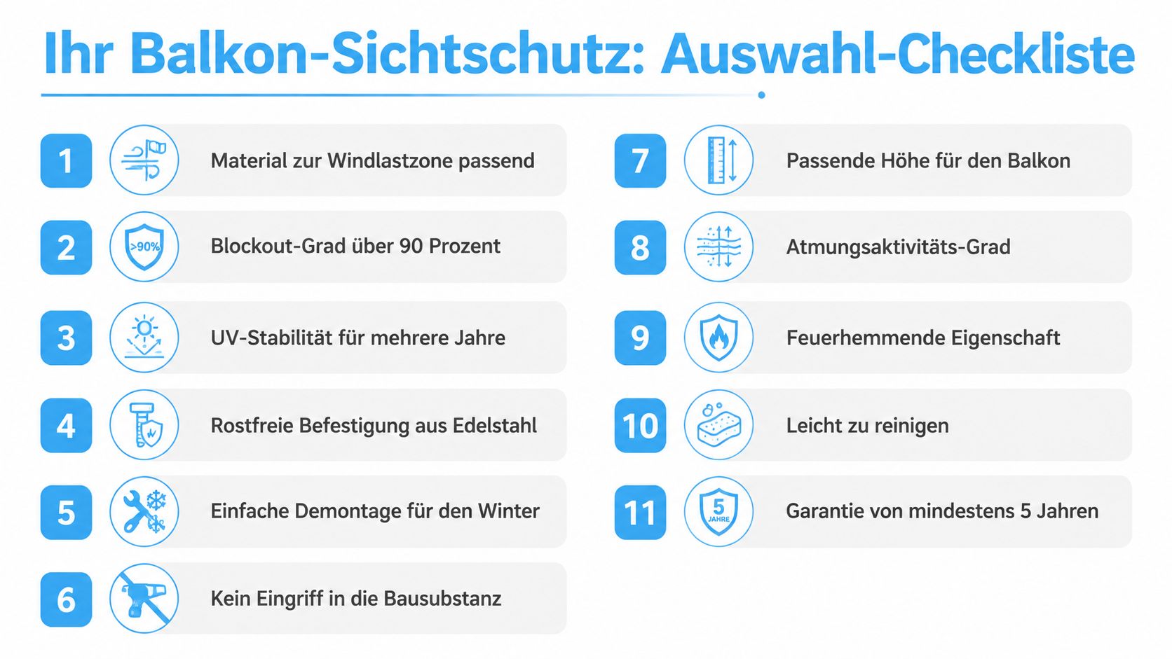Balkon Sichtschutz windfest: Materialien, Montage und Recht 6 Eine strukturierte Checkliste für die Auswahl des richtigen Sichtschutzes für Ihren Balkon in elf wichtigen Schritten.