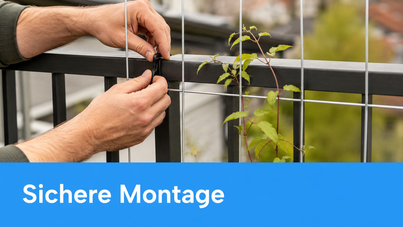 Balkon Sichtschutz mit Pflanzen: Der Praxisguide 6 Eine Person befestigt mit einer kleinen Halterung ein Rankgitter an einem modernen schwarzen Balkongeländer für Kletterpflanzen.