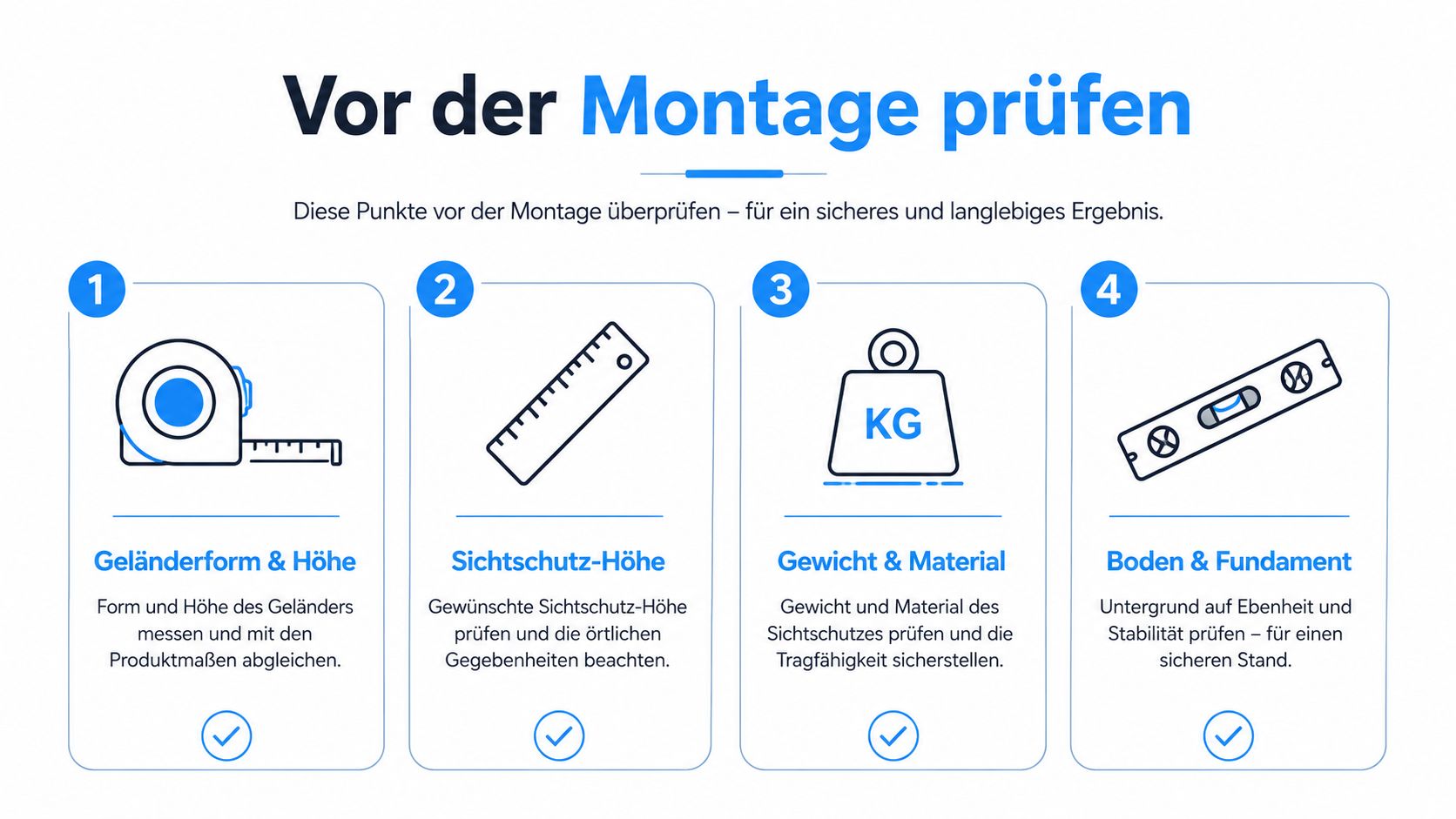 Balkon Sichtschutz ohne Bohren – so gelingt die Montage 5 Eine Infografik mit vier Schritten zur Überprüfung vor der Montage eines Sichtschutzes für einen sicheren Halt.