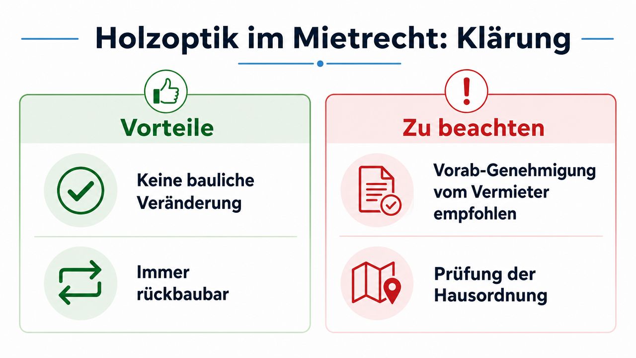 Balkon Sichtschutz Holzoptik: Tipps zu Material & Montage 9 Infografik zur rechtlichen Klärung von Holzoptik im Mietrecht mit Vorteilen und zu beachtenden Hinweisen für Mieter.