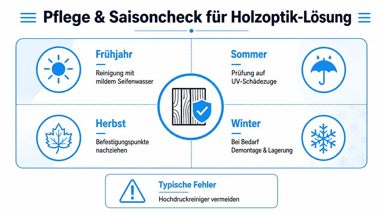 Balkon Sichtschutz Holzoptik: Tipps zu Material & Montage 10 Infografik zur saisonalen Pflege und Wartung von Sichtschutzlösungen in Holzoptik für Terrasse und Balkon.